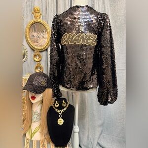 Black Sequin Jacket with Hat and Jewelry Set